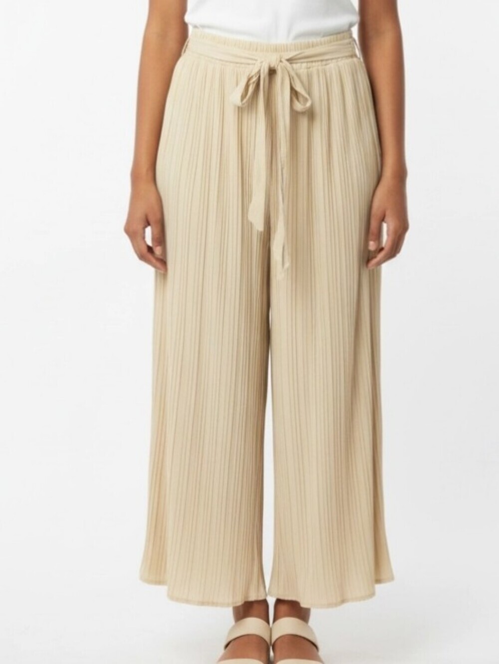Zara Sz M Pants Pleated Cropped Super Wide Leg Belted, Pockets Cream Gold